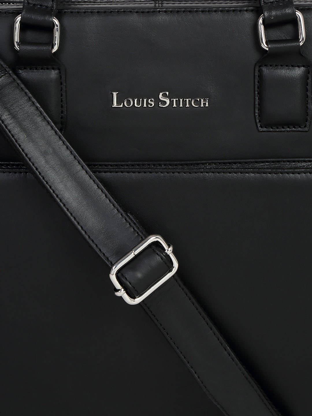 Men's Black Italian Leather Laptop Bag Multifunctional Executive Briefcase with Shoulder Strap