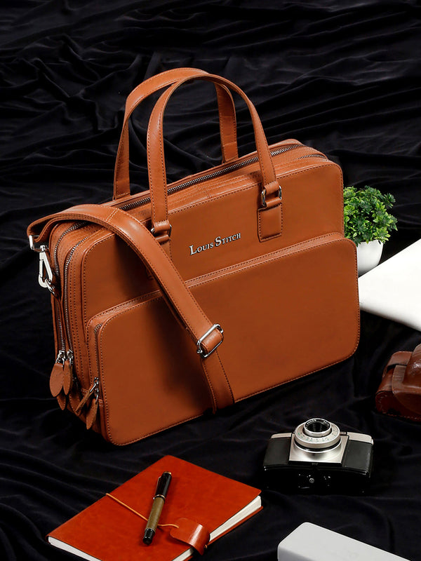 Men's Tan Italian Leather Laptop Bag Multifunctional Executive Briefcase with Shoulder Strap