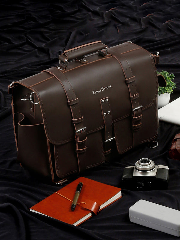 Men's Brown Italian Leather Laptop Bag Multifunctional Executive Briefcase with Shoulder Strap
