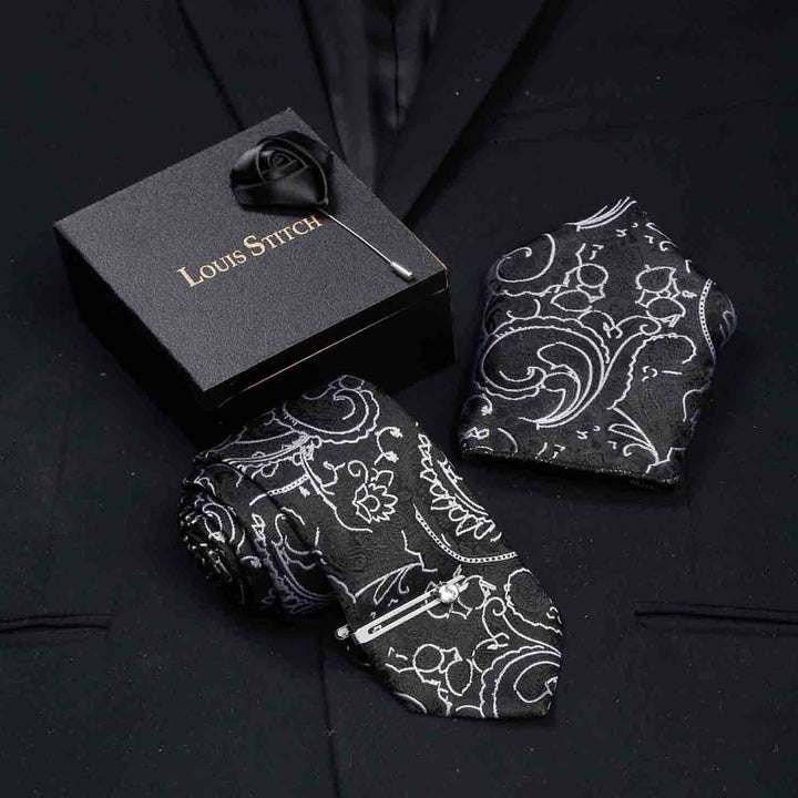  Onyx Black Luxury Italian Silk Necktie Set With Pocket Square Brooch Chrome Tie pin