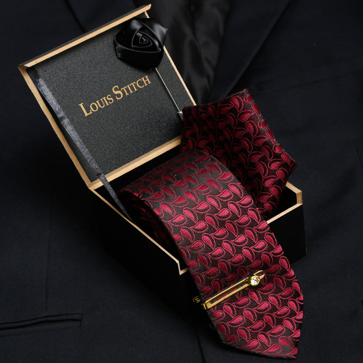  Burgundy Red Luxury Italian Silk Necktie Set With Pocket Square Brooch Gold Tie pin