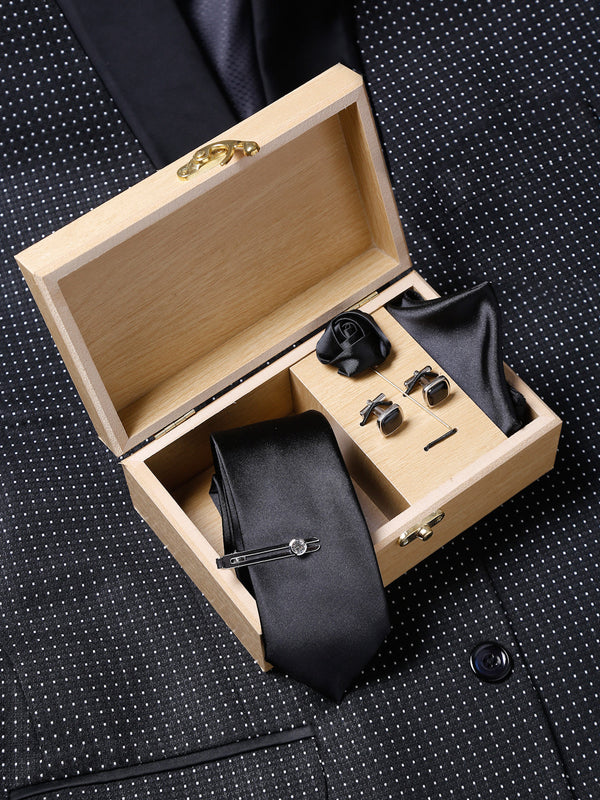  Black Luxury Italian Silk Necktie Set With Pocket Square Cufflinks Brooch Chrome Tie pin