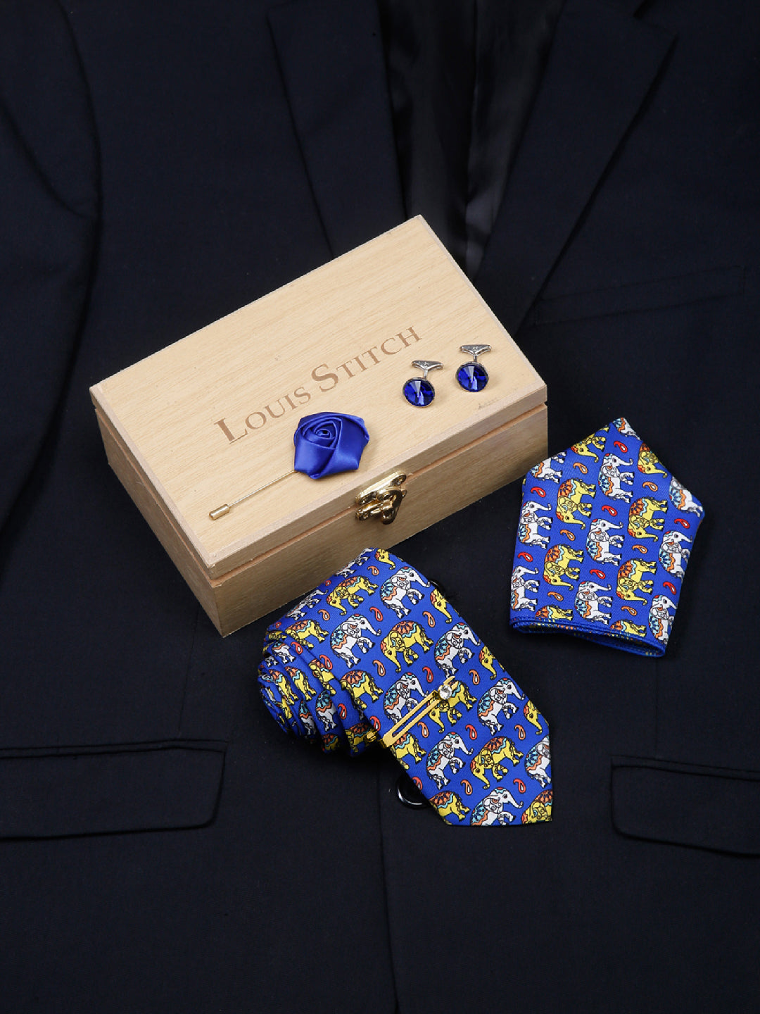 Dodger Blue Luxury Italian Silk Necktie Set With Pocket Square Cufflinks Brooch Gold Tie pin