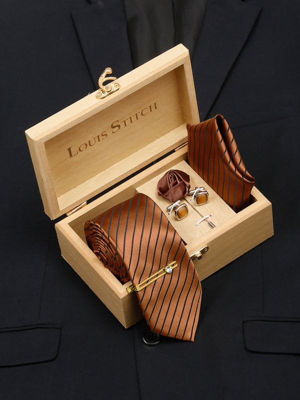 Copper Brown Italian Silk Necktie Set Pocket Square Golden Tiepin cufflinks and Brooch