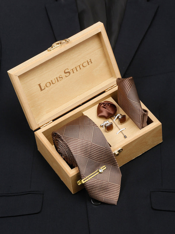 Maple Brown Italian Silk Necktie Set Pocket Square Golden Tiepin cufflinks and Brooch