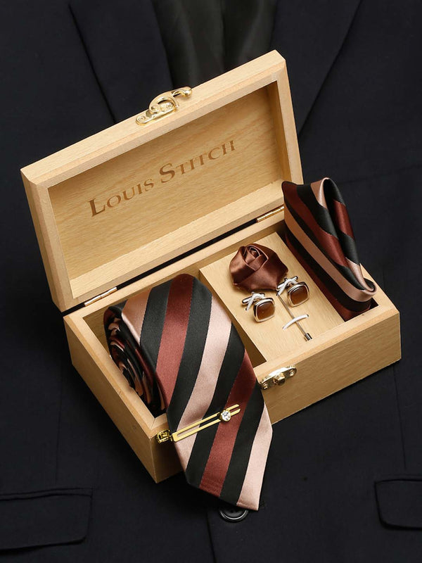 Striped Suave Beige Brown and Black Italian Silk Necktie Set Pocket Square Golden Tiepin cufflinks and Brooch