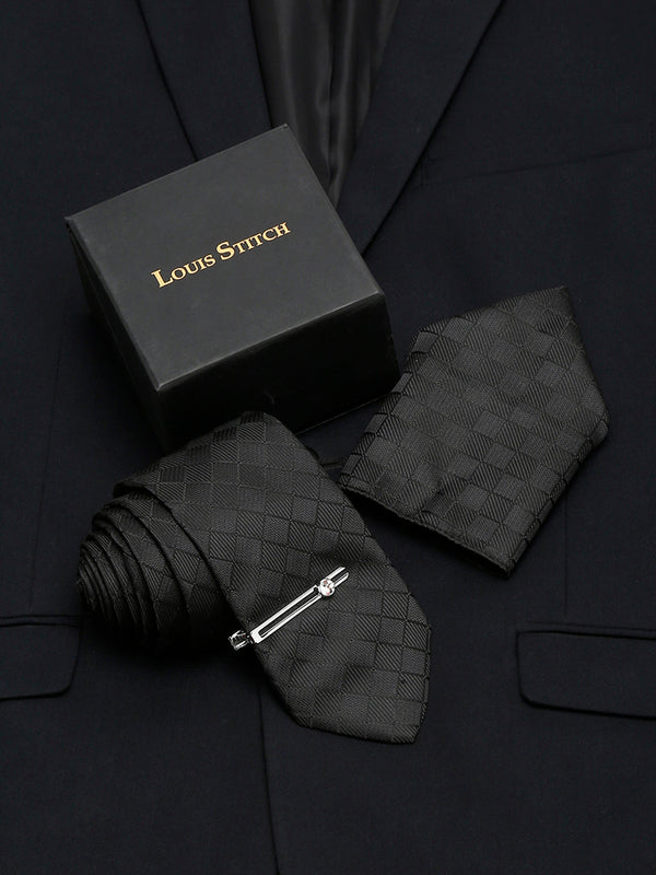  Sable Black Italian Silk Necktie Set Pocket Square Chrome Tiepin