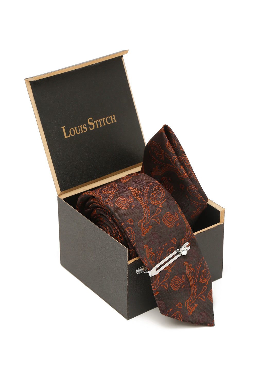 Coffee Brown Luxury Italian Silk Necktie Set With Pocket Square Chrome Tie pin