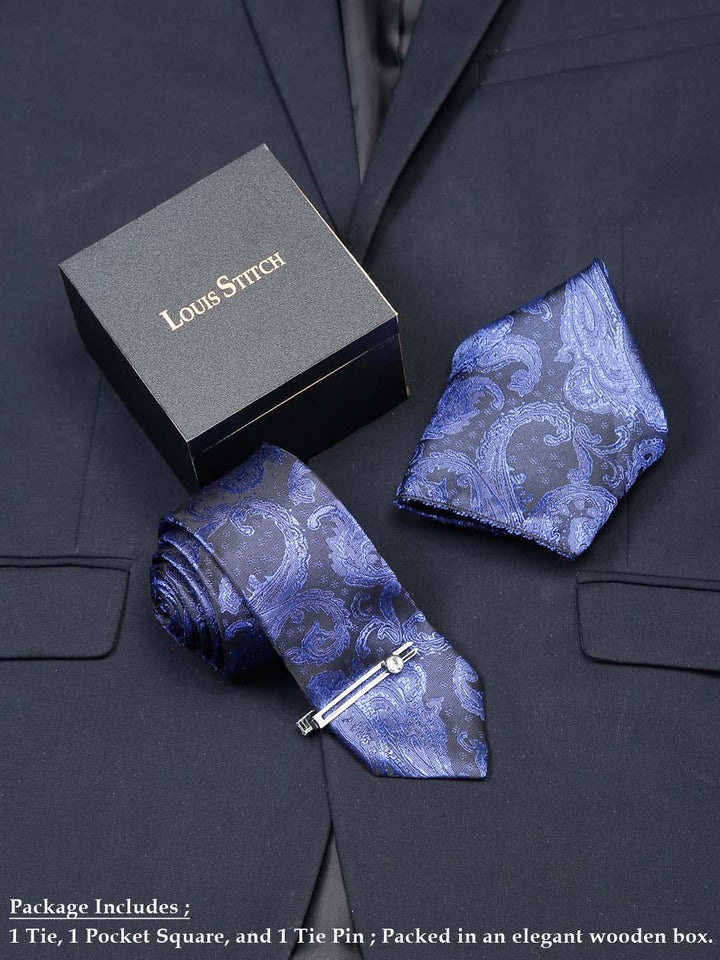  Royal Blue Luxury Italian Silk Necktie Set With Pocket Square Chrome Tie pin