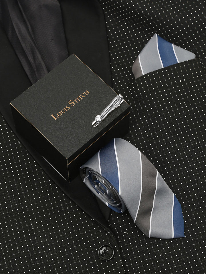  Lined Blue Luxury Italian Silk Necktie Set With Pocket Square Chrome Tie pin