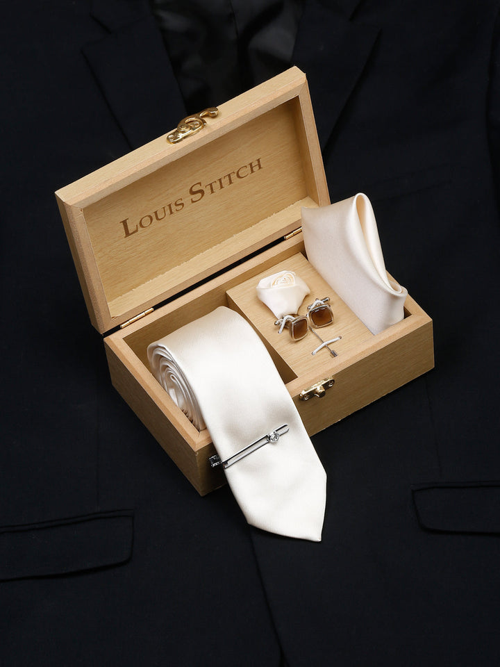  American Cream Luxury Italian Silk Necktie Set With Pocket Square Chrome Tie pin