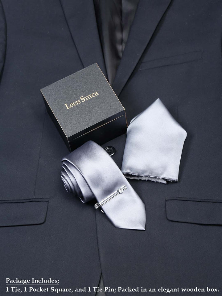  Roasted Grey Luxury Italian Silk Necktie Set With Pocket Square Chrome Tie pin