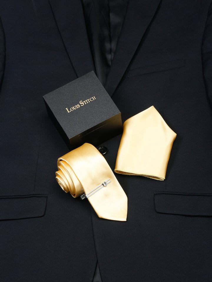  Tropic Yellow Luxury Italian Silk Necktie Set With Pocket Square Chrome Tie pin