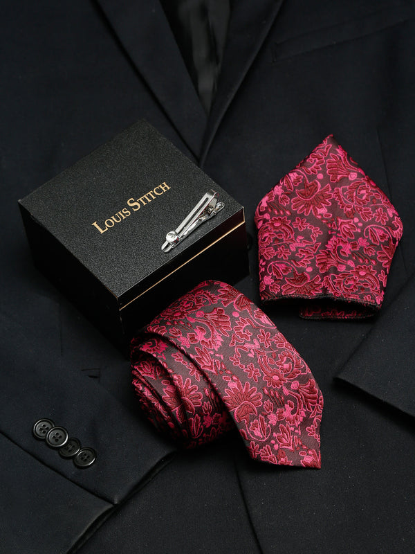 Burgundy Luxury Italian Silk Necktie Set With Pocket Square Chrome Tie pin