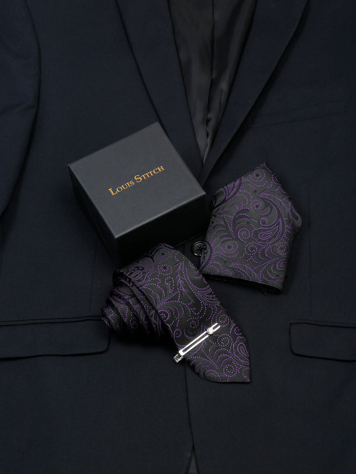  Heather Purple Luxury Italian Silk Necktie Set With Pocket Square Chrome Tie pin