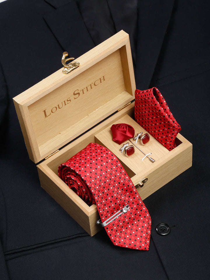  Tart Red Luxury Italian Silk Necktie Set With Pocket Square Cufflinks Brooch Chrome Tie pin
