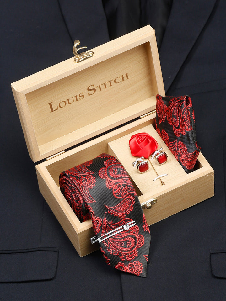  Imperial Red Luxury Italian Silk Necktie Set With Pocket Square Cufflinks Brooch Chrome Tie pin