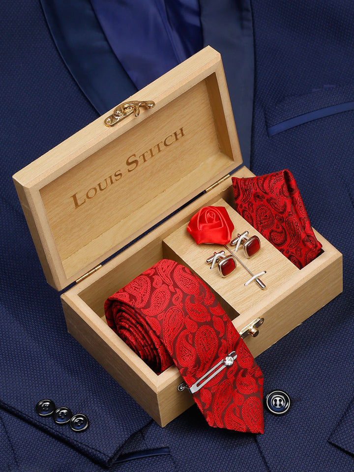  Floral Red Luxury Italian Silk Necktie Set With Pocket Square Cufflinks Brooch Chrome Tie pin