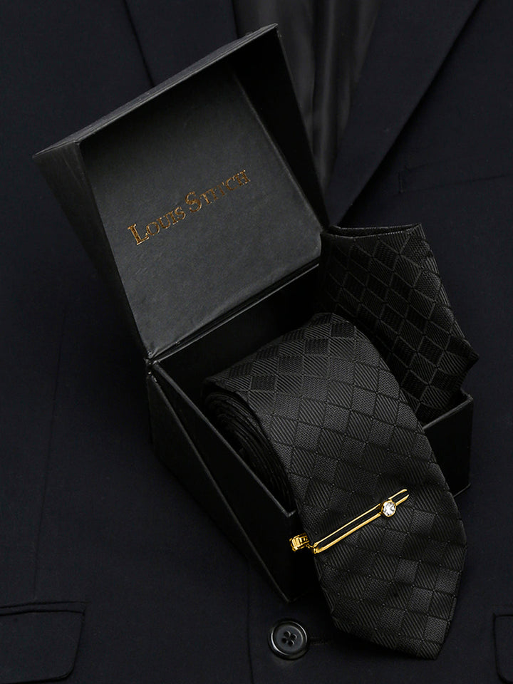  Sable Black Italian Silk Necktie Set Pocket Square Golden Tiepin