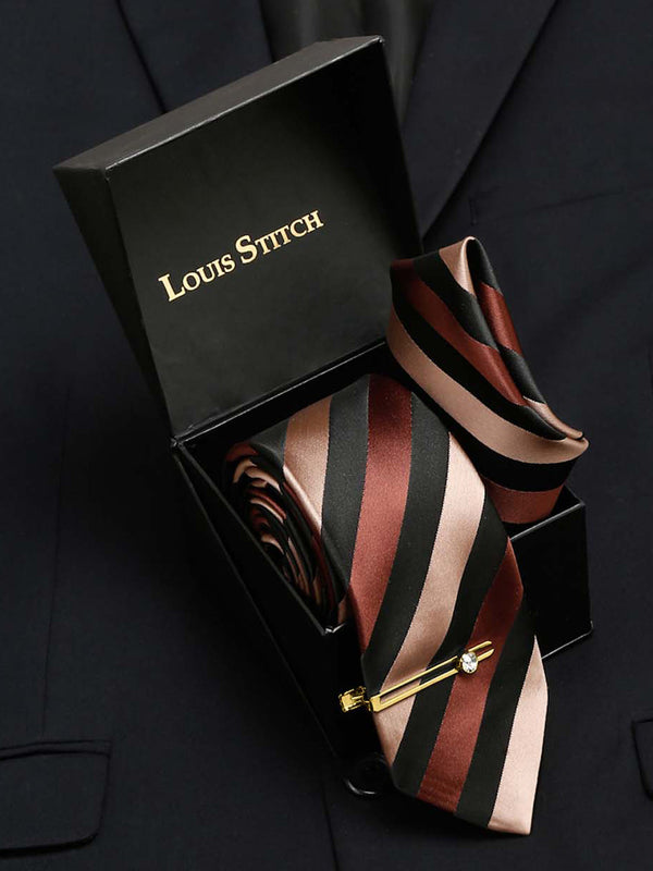  Striped Suave Beige Brown and Black Italian Silk Necktie Set Pocket Square Golden Tiepin