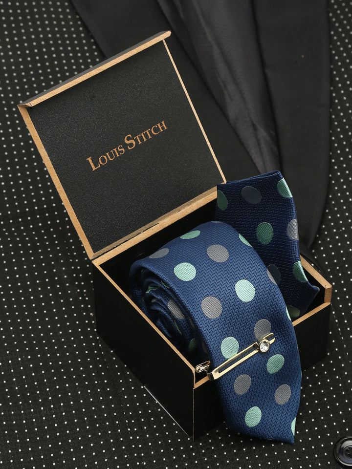  Polka Dotted Blue Luxury Italian Silk Necktie Set With Pocket Square Gold Tie pin