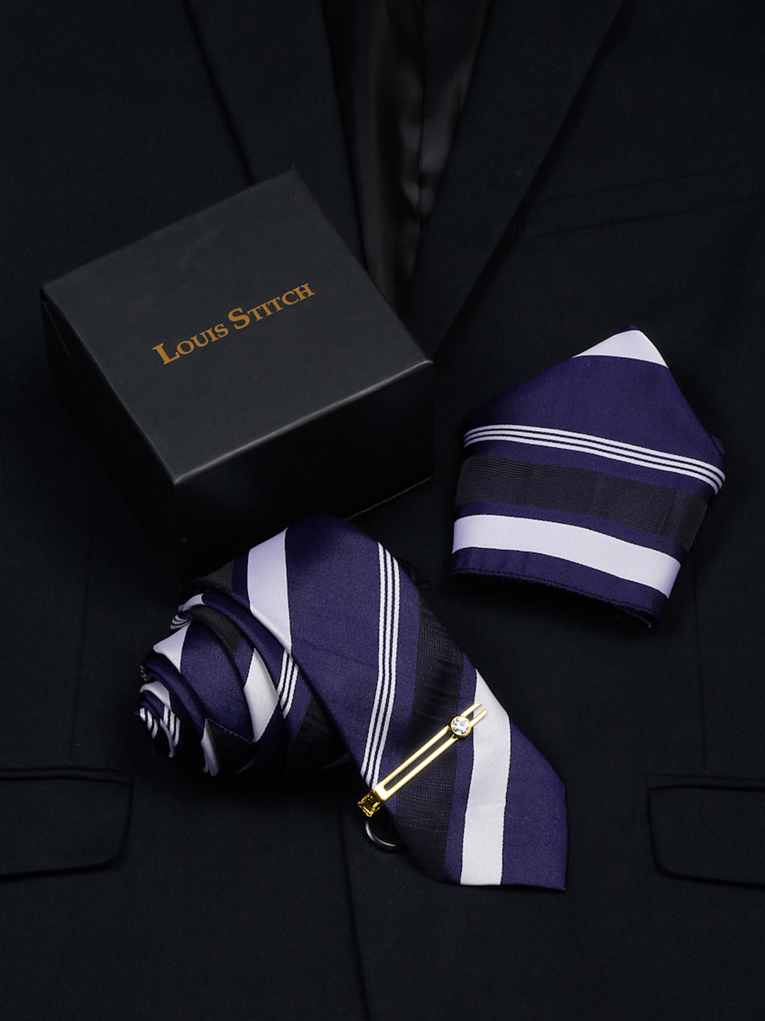 Lined Blue Stripes Luxury Italian Silk Necktie Set With Pocket Square Gold Tie pin