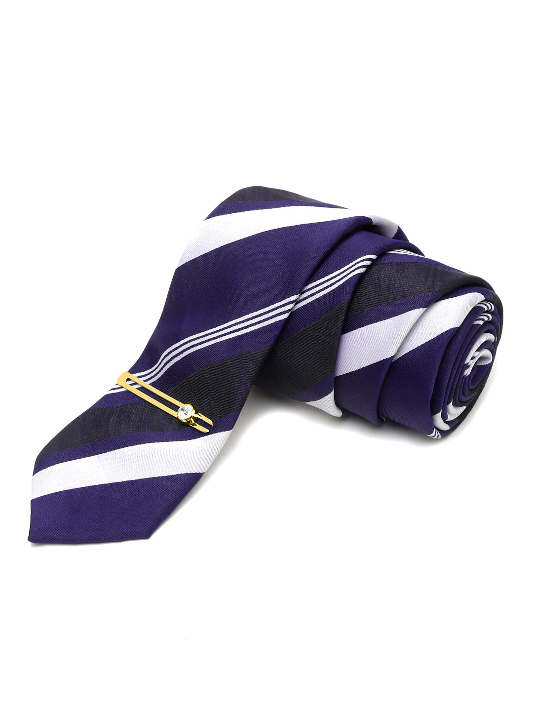 Lined Blue Stripes Luxury Italian Silk Necktie Set With Pocket Square Gold Tie pin