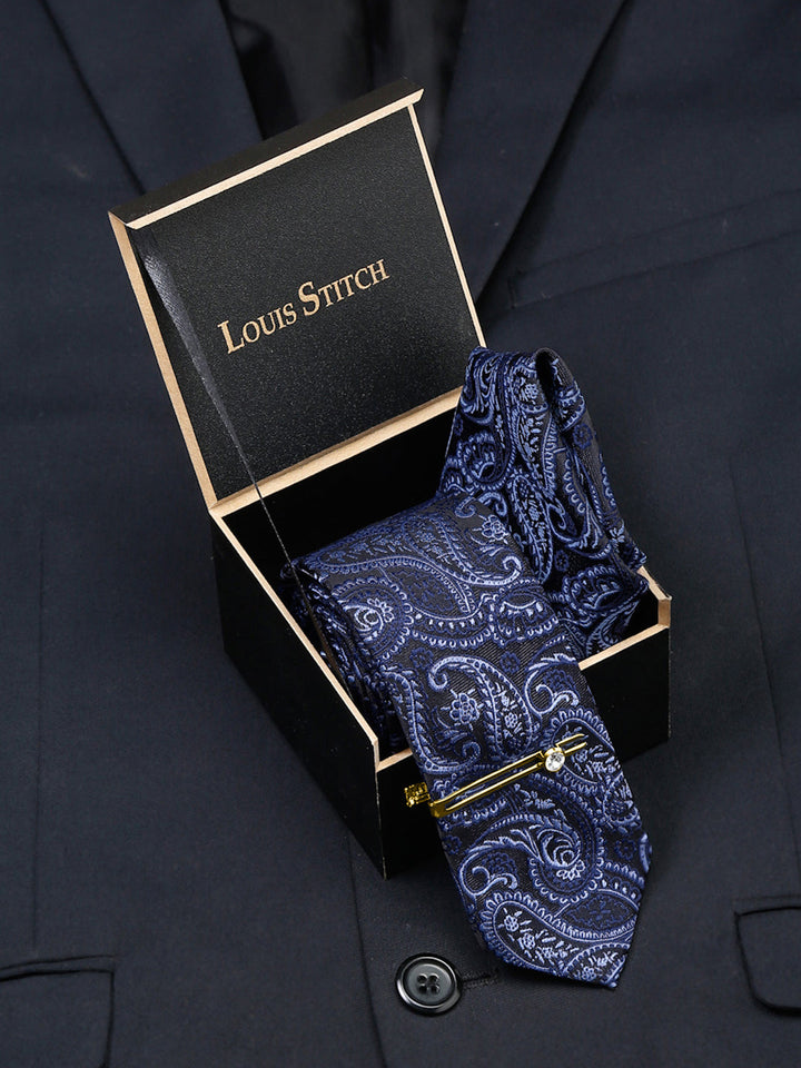  Denim Blue Luxury Italian Silk Necktie Set With Pocket Square Gold Tie pin