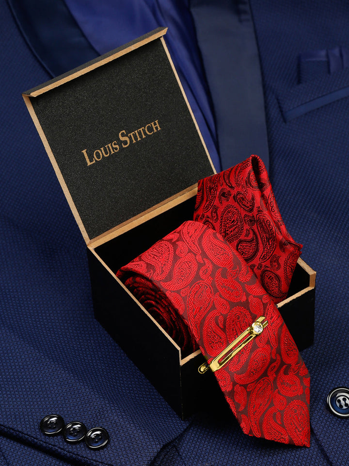  Floral Red Luxury Italian Silk Necktie Set With Pocket Square Gold Tie pin