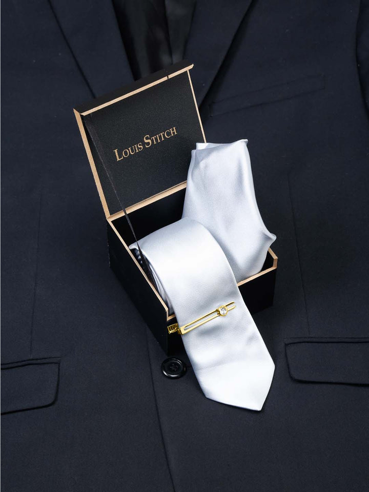  Royal Silver Luxury Italian Silk Necktie Set With Pocket Square Gold Tie pin