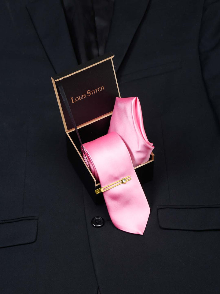  Premium Pink Luxury Italian Silk Necktie Set With Pocket Square Gold Tie pin