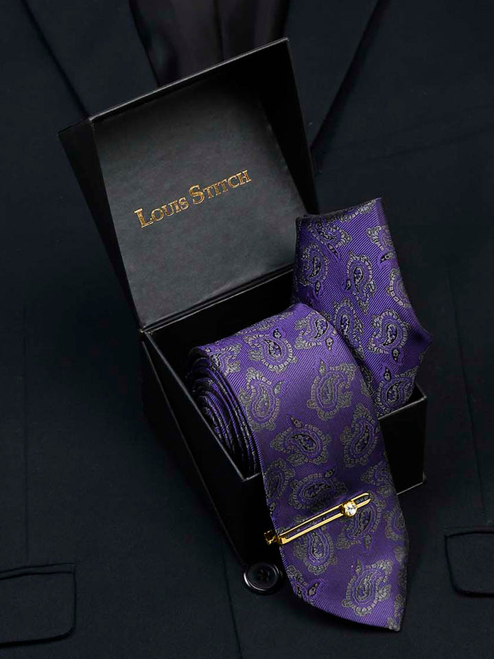  Iris Purple Luxury Italian Silk Necktie Set With Pocket Square Gold Tie pin