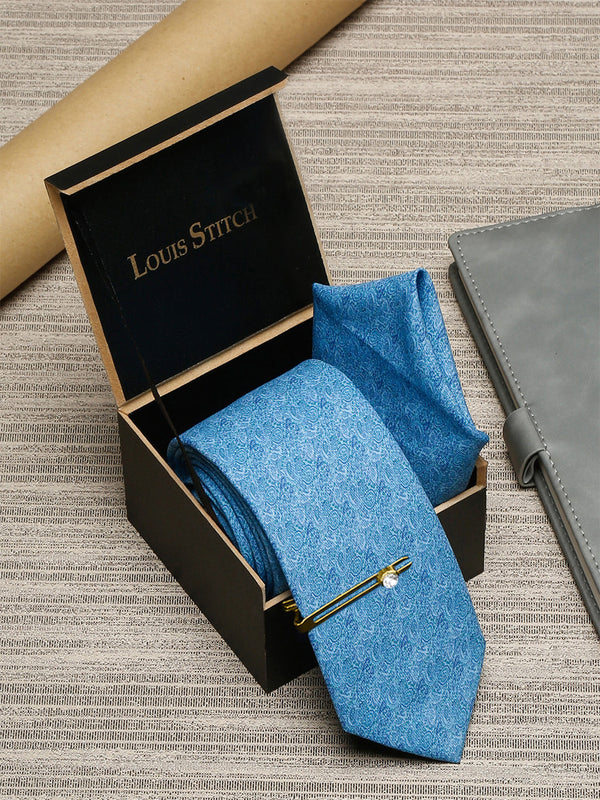 Maya Blue Luxury Italian Silk Necktie Set With Pocket Square Golden Tie Pin