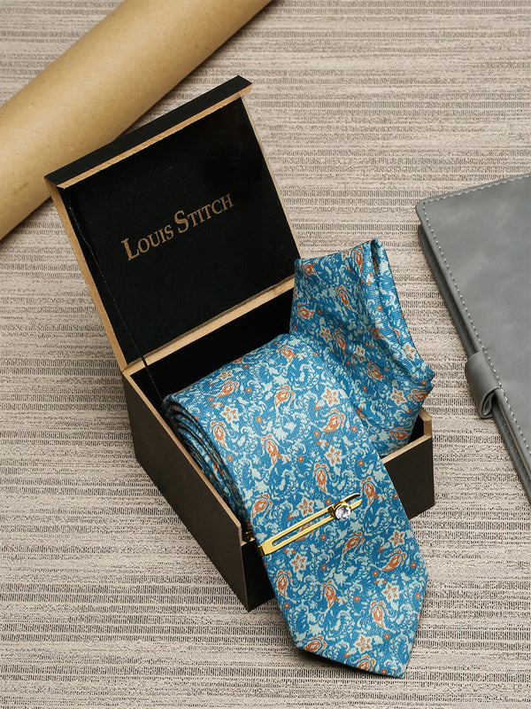 Baby Blue Luxury Italian Silk Necktie Set With Pocket Square Golden Tie Pin