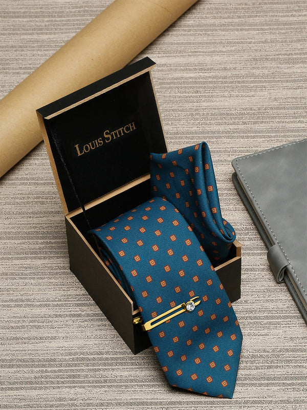 Cerulean Blue Luxury Italian Silk Necktie Set With Pocket Square Golden Tie Pin