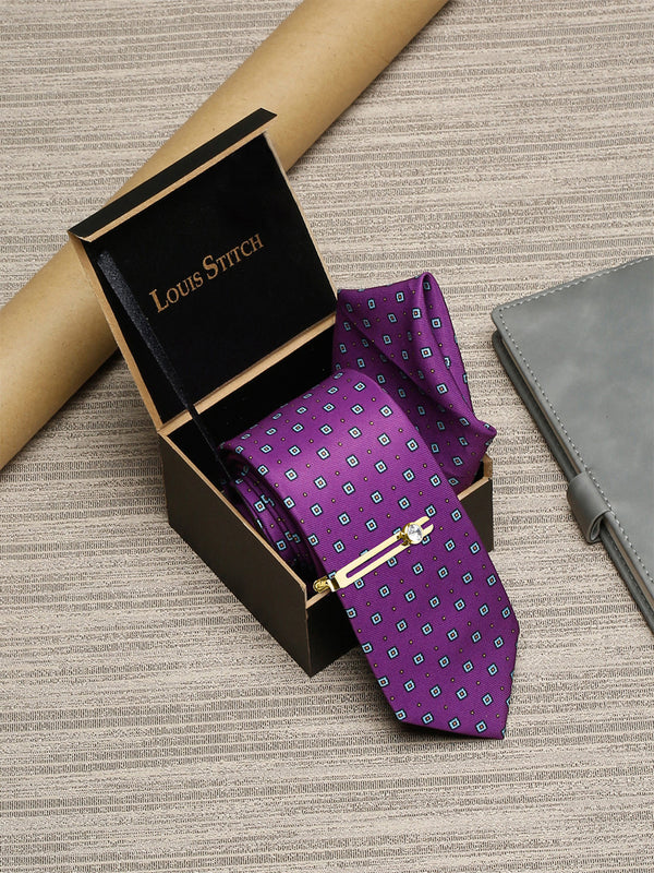 Liliac Purple Luxury Italian Silk Necktie Set With Pocket Square Golden Tie Pin
