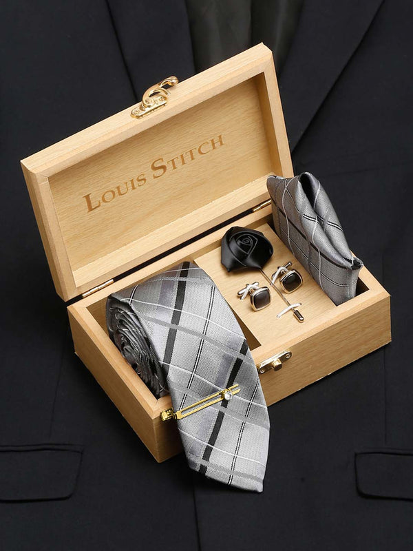 Pewter Grey Italian Silk Necktie Set Pocket Square Golden Tiepin cufflinks and Brooch