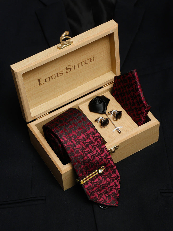  Burgundy Red Luxury Italian Silk Necktie Set With Pocket Square Cufflinks Brooch Gold Tie pin