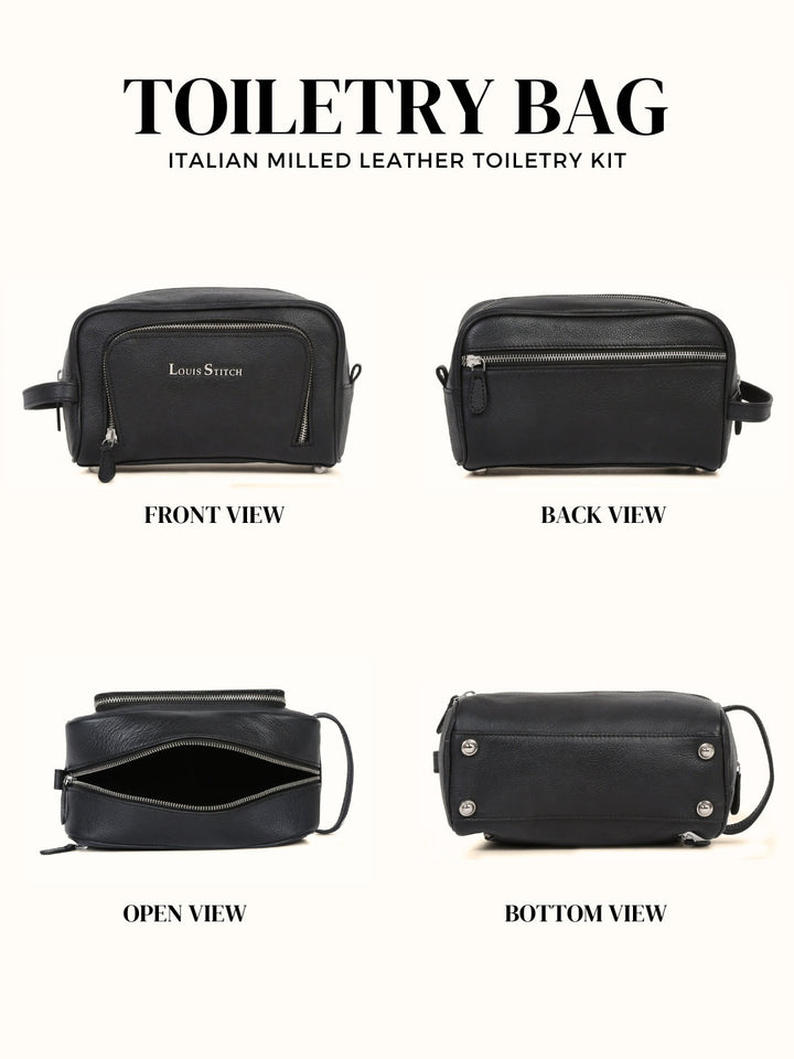Men's Italian Milled Leather Toiletry Kit Travel Organizer Pouch with