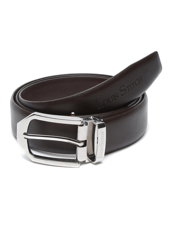 Black/Chrome Men's Brown Formal Italian Leather Textured Belt For Men