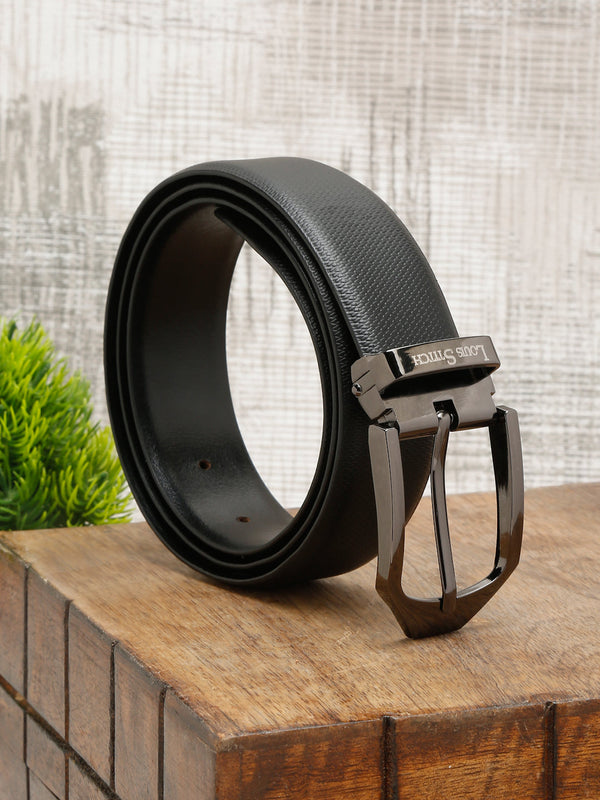 Black/Gunmetal Men's Black Formal Italian Leather Textured Belt For Men