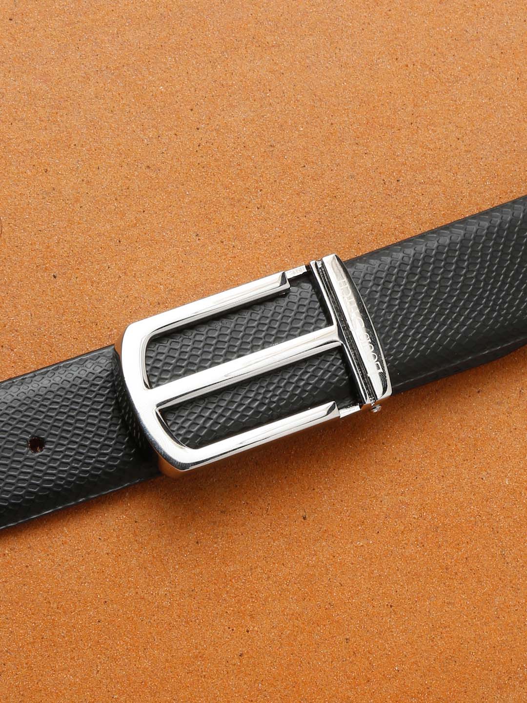 Black/Chrome Men's Black Formal Italian Leather Textured Belt For Men