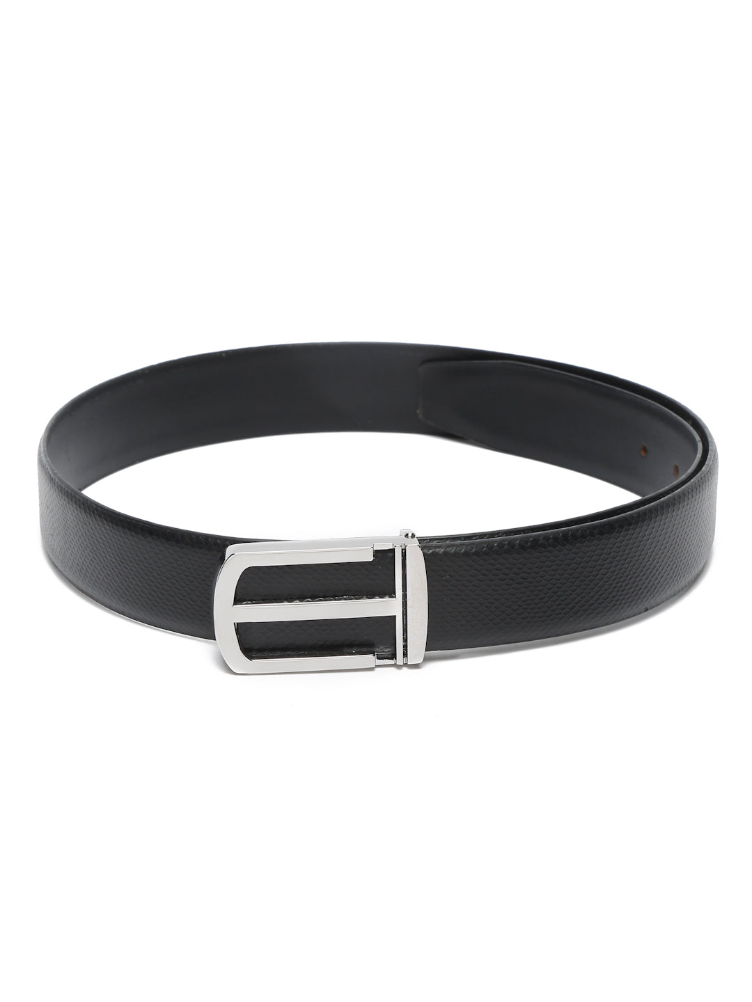 Black/Chrome Men's Black Formal Italian Leather Textured Belt For Men