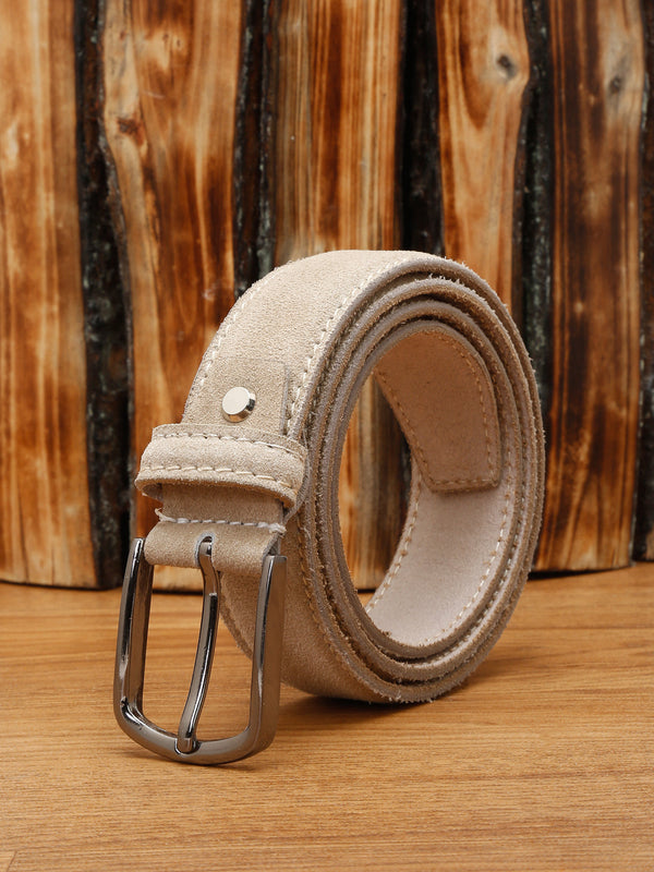 Beige Men'S Beige Italian Suede Leather Belt Handcrafted With Glossy Buckle