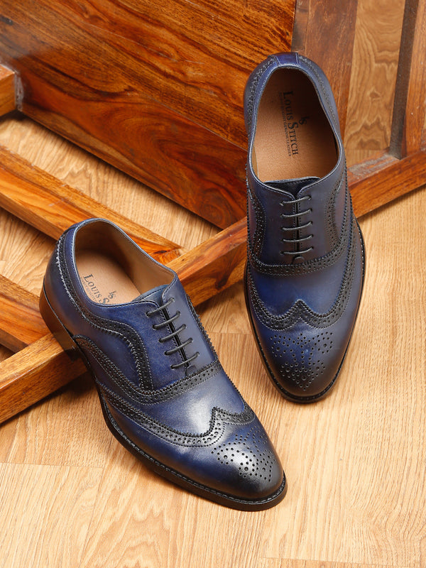 Blue Men's Premium Italian Leather Handcrafted Blue Brogue Shoes