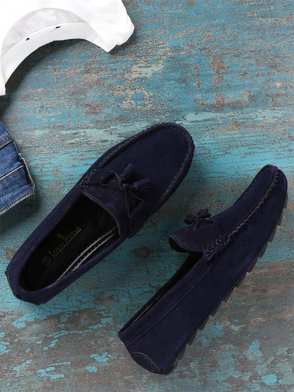 Federal Blue Handmade Italian Suede Leather Penny Tassel Loafers