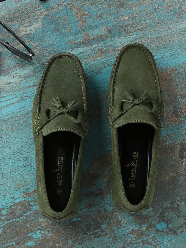Seaweed Green Handmade Italian Suede Leather Penny Tassel Loafers