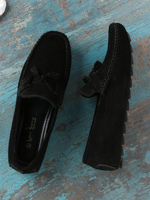 Jet Black Handmade Italian Suede Leather Penny Tassel Loafers