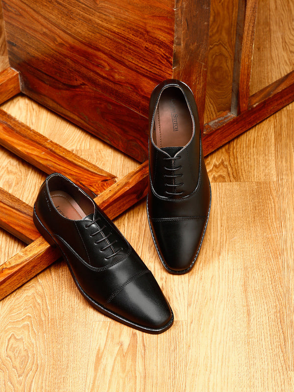 Italian Leather Cap-Toe Jet Black Shoes for Men
