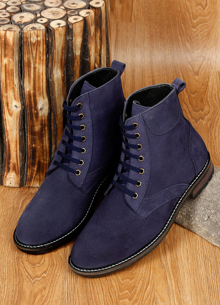 Federal Blue Handmade High Ankle Bikers Long Boot - Italian Suede Leather